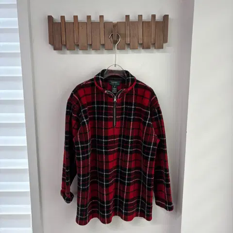 폴로 체크 오버핏 반집업 후리스