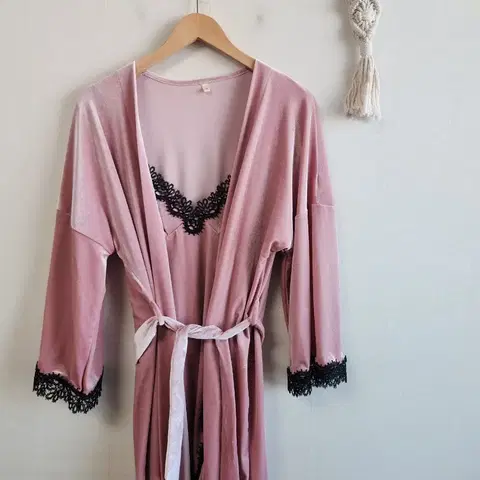 핑크 벨로아 벨벳 슬립 원피스+로브 세트 M