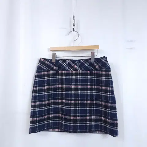 와이드앵글 체크 미니스커트 버튼 장식 S