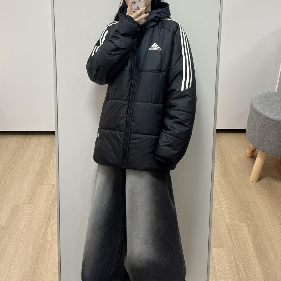 아디다스 블랙 삼선 후드 패딩 자켓