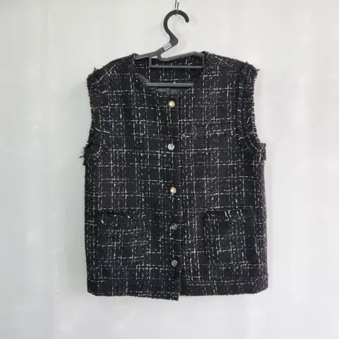 0536 트위드 체크 패턴 조끼 베스트 블랙 은사