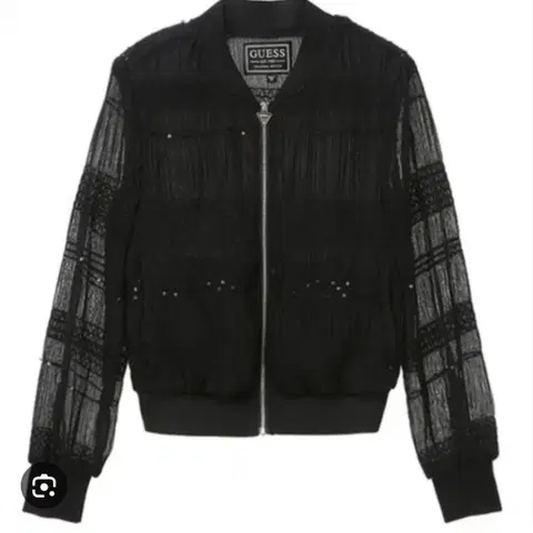 0567 게스 스팽글 쉬폰 블랙 레이스 봄버 자켓 xs