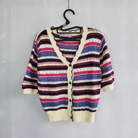 0563 에잇세컨즈 코튼 스트라이프 패턴 반팔 니트 가디건 M