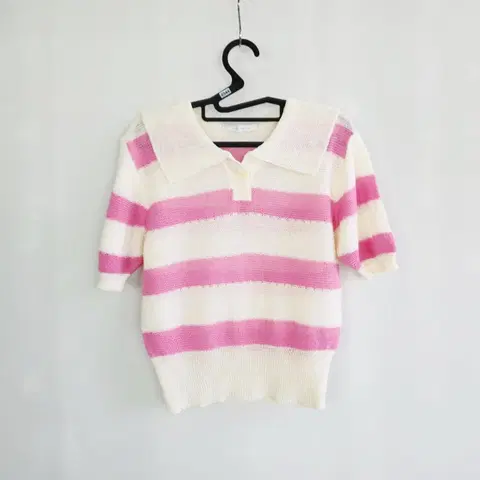 0344 코인코즈 핑크 스트라이프 니트 반팔