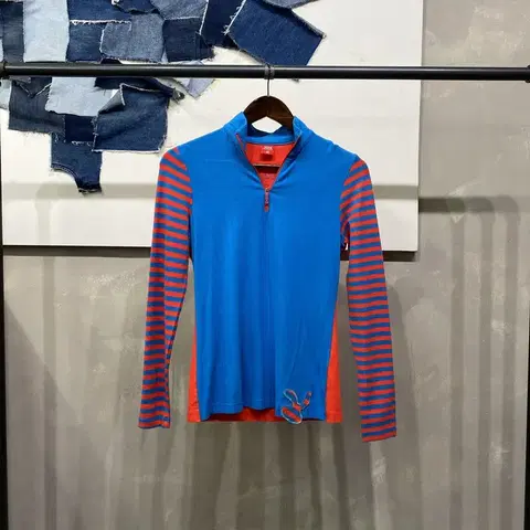 (90) JDX 여성 골프 스포츠 스트라이프 배색 반집업 긴팔 티