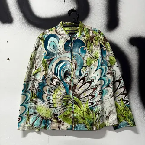 Chico's 오리엔탈 풀 패턴 차이나 카라 라이트 자켓