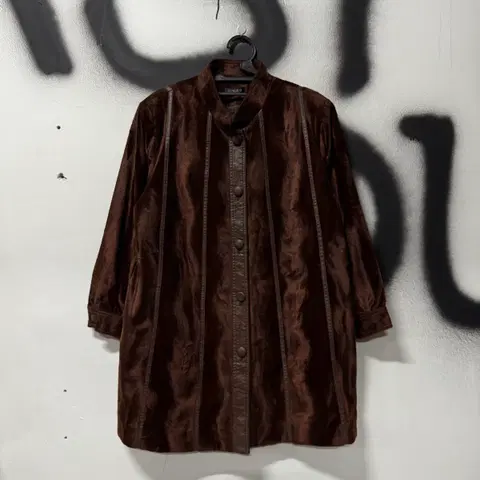 VTG 빈티지 가죽 배색 다크 브라운 벨벳 롱 코트