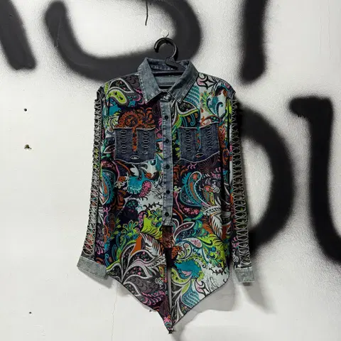 VTG 빈티지 오리엔탈 풀 패턴 데님 배색 블라우스 셔츠