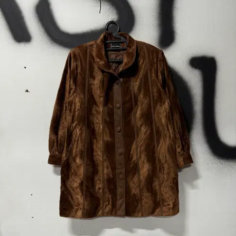 VTG 빈티지 가죽 배색 브라운 벨벳 롱 코트