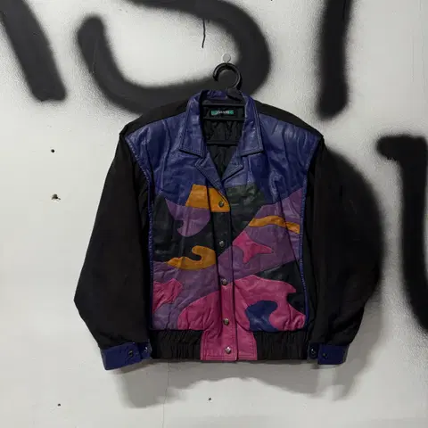 VTG 빈티지 소가죽 패치워크 배색 바시티 봄버 자켓