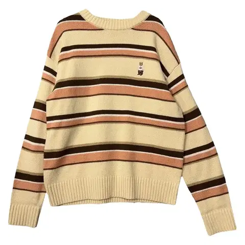 후아유 스트라이프 베이지 로고 니트 S