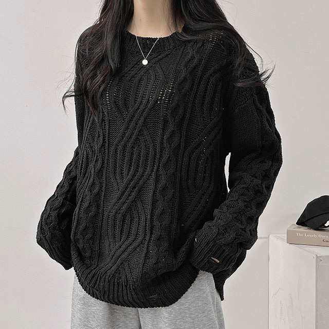 블랙 꽈배기 루즈핏 데미지 니트