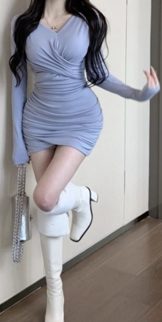 ♥스카이블루 셔링 브이넥 미니 원피스