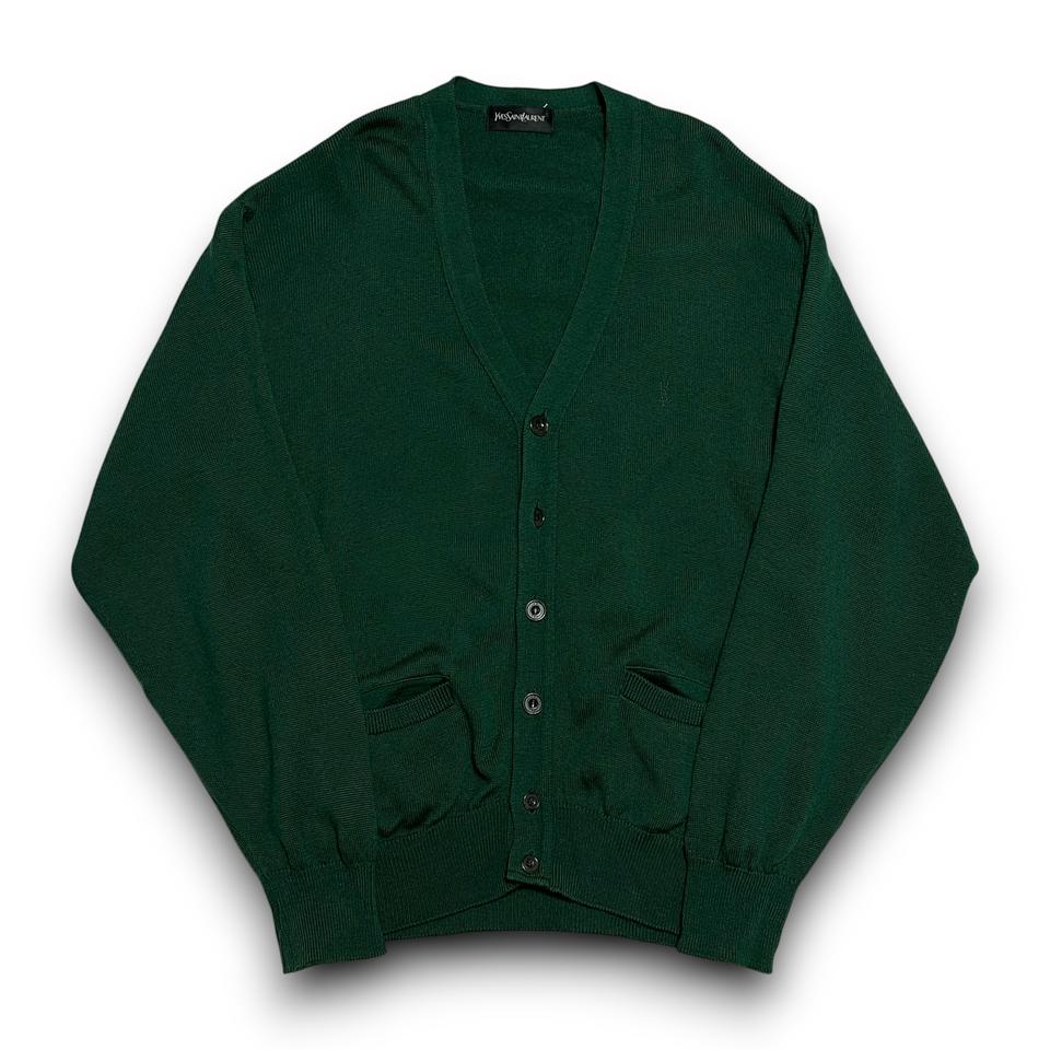 Yves Saint Laurent 울 100% 브이넥 그린 가디건