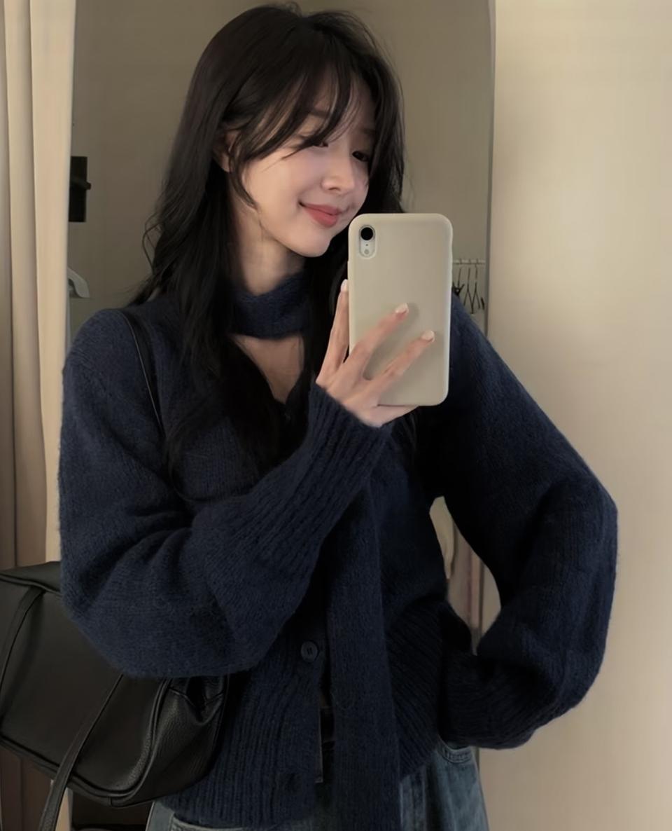 네이비 스카프 니트 가디건