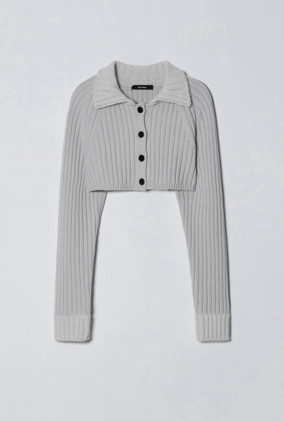 택O) 다이애그널 리브드 카라 볼레로 가디건 그레이