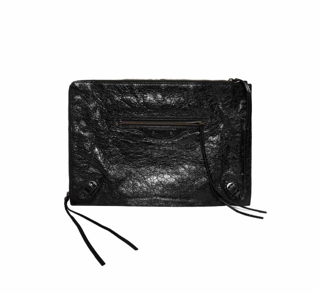 [L] 발렌시아가 모터 시티 클래식 클립 레더 클러치 파우치 라지 블랙