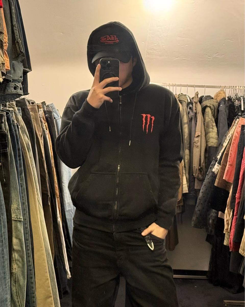 몬스터 에너지 블랙 레드 검빨 스웻 후드 집업 XL 105 벨벳기모 일본