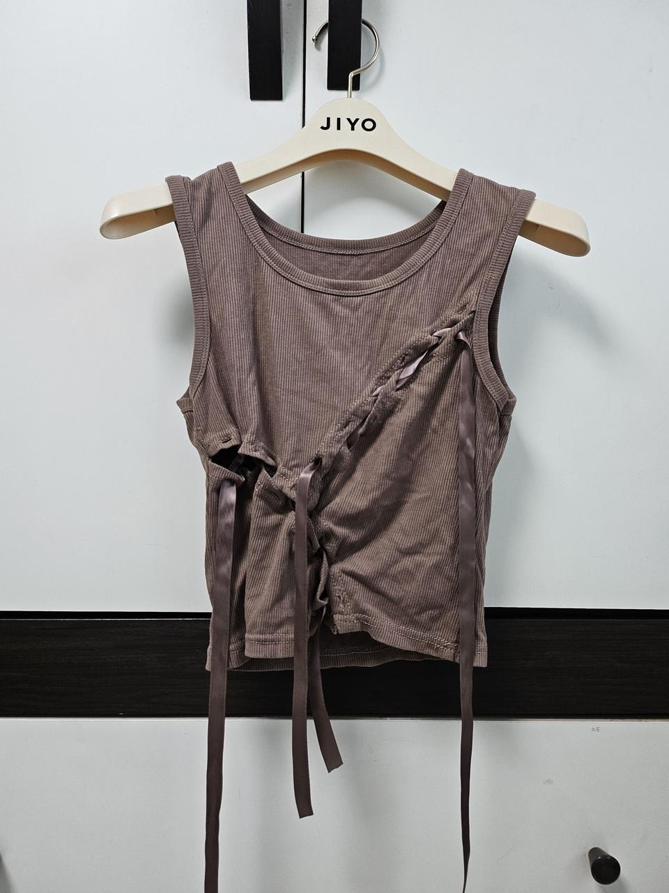 브라운 골지 니트 리본 나시