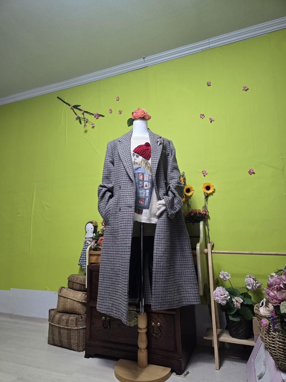 데이트룩/ 루즈핏/  울혼방 / 체크코트/ 더블단추/ 여성 롱코트