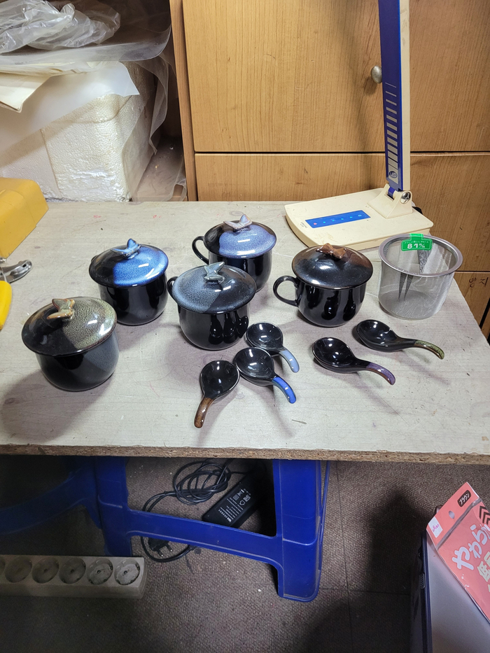 1980 미사용 일본 요변 유약 처리된 찻잔과 숟가락 세트