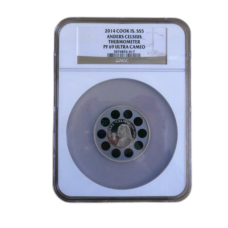 쿡섬 2014년 발행,  "섭씨 온도계" 특이 은화. NGC 69