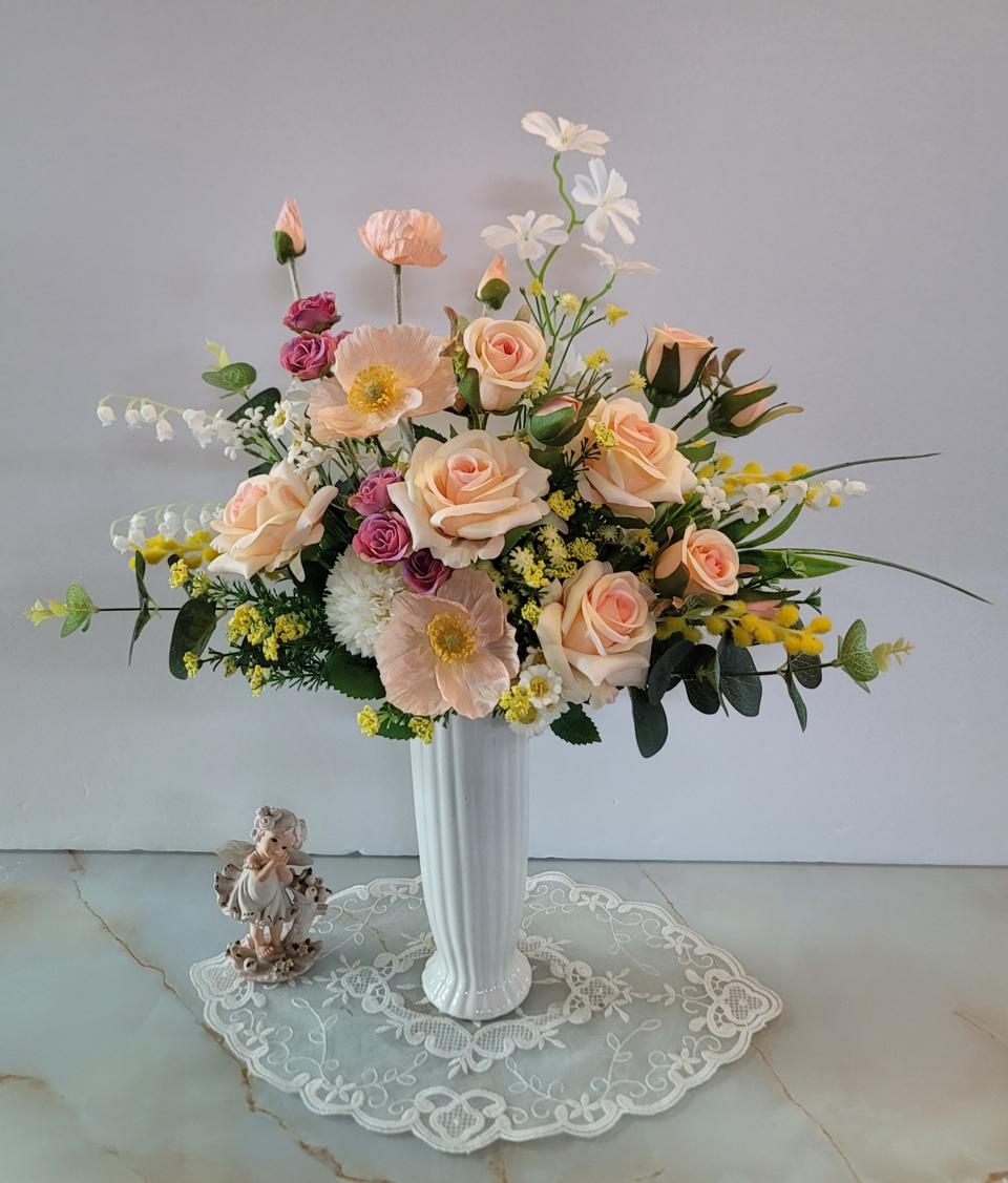(새상품)피치장미 조화꽃과 화병세트/인테리어소품