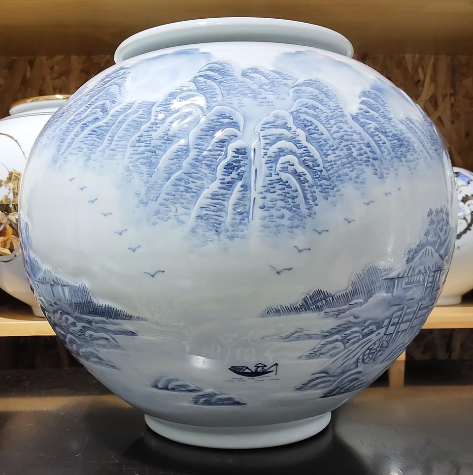 청화백자 산수화 대형 도자기