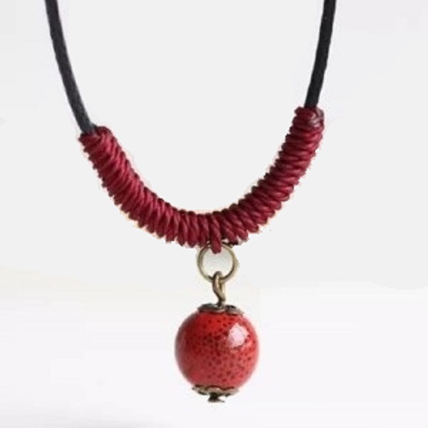 63. 블랙 레자 체인/레드 세라믹 볼 펜던트 목걸이