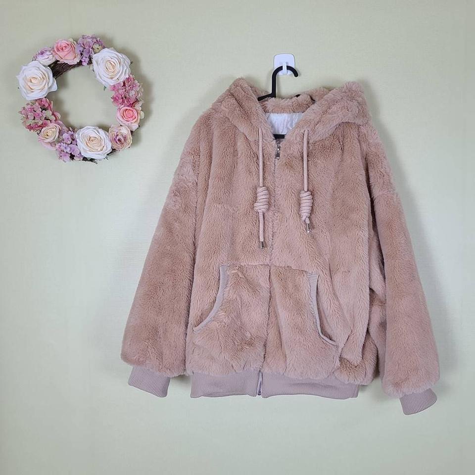 여성 안감 누빔 소프트 밍크 퍼 후드 집업 베이지