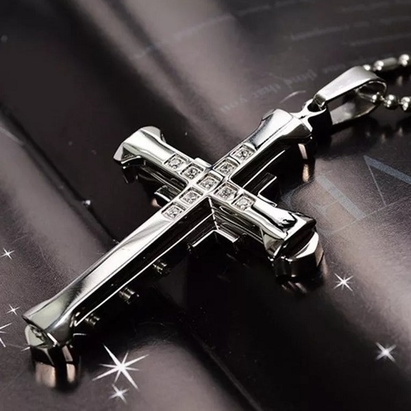 10-3. 티타늄/큐빅 십자가 펜던트 목걸이 (실버)