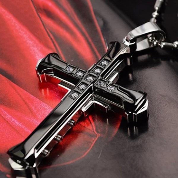 10-1. 티타늄/큐빅 십자가 펜던트 목걸이 (블랙)