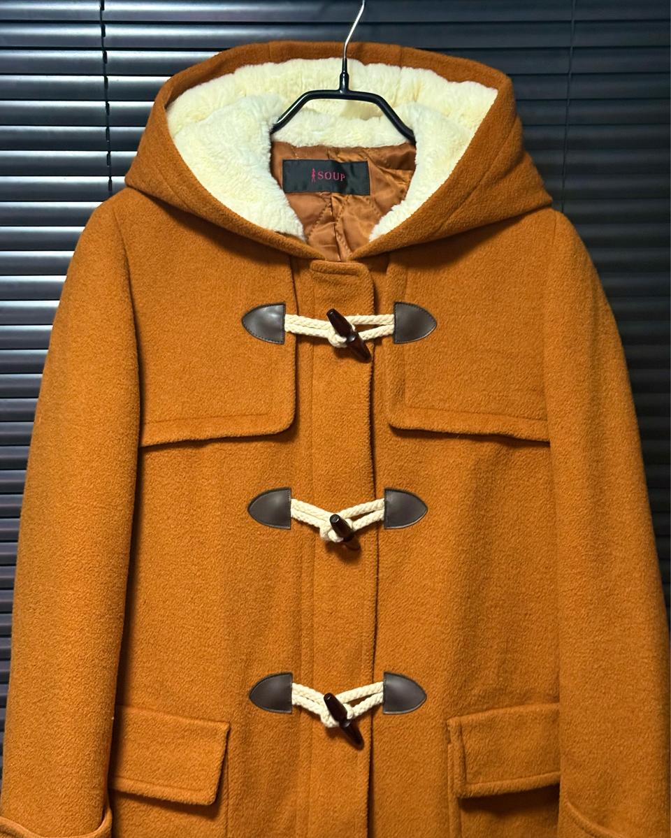 SOUP 숲 오렌지 주황색 양 털 떡볶이 더플 롱 코트 울 55 여자