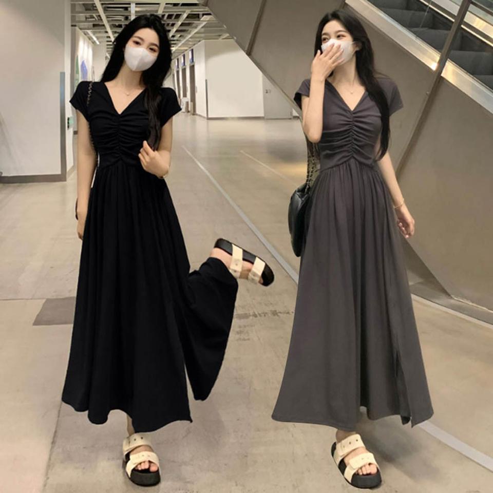 브이넥 가슴셔링 체형커버 반팔 롱 원피스