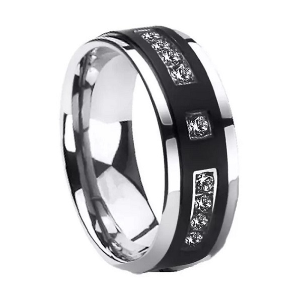 04-6. (남성) 합금/블랙 IP+플래티늄 플래팅/큐빅 상감 반지
