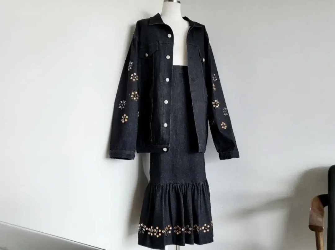 [♡BIG SALE♡]Denim bead jk&sk set