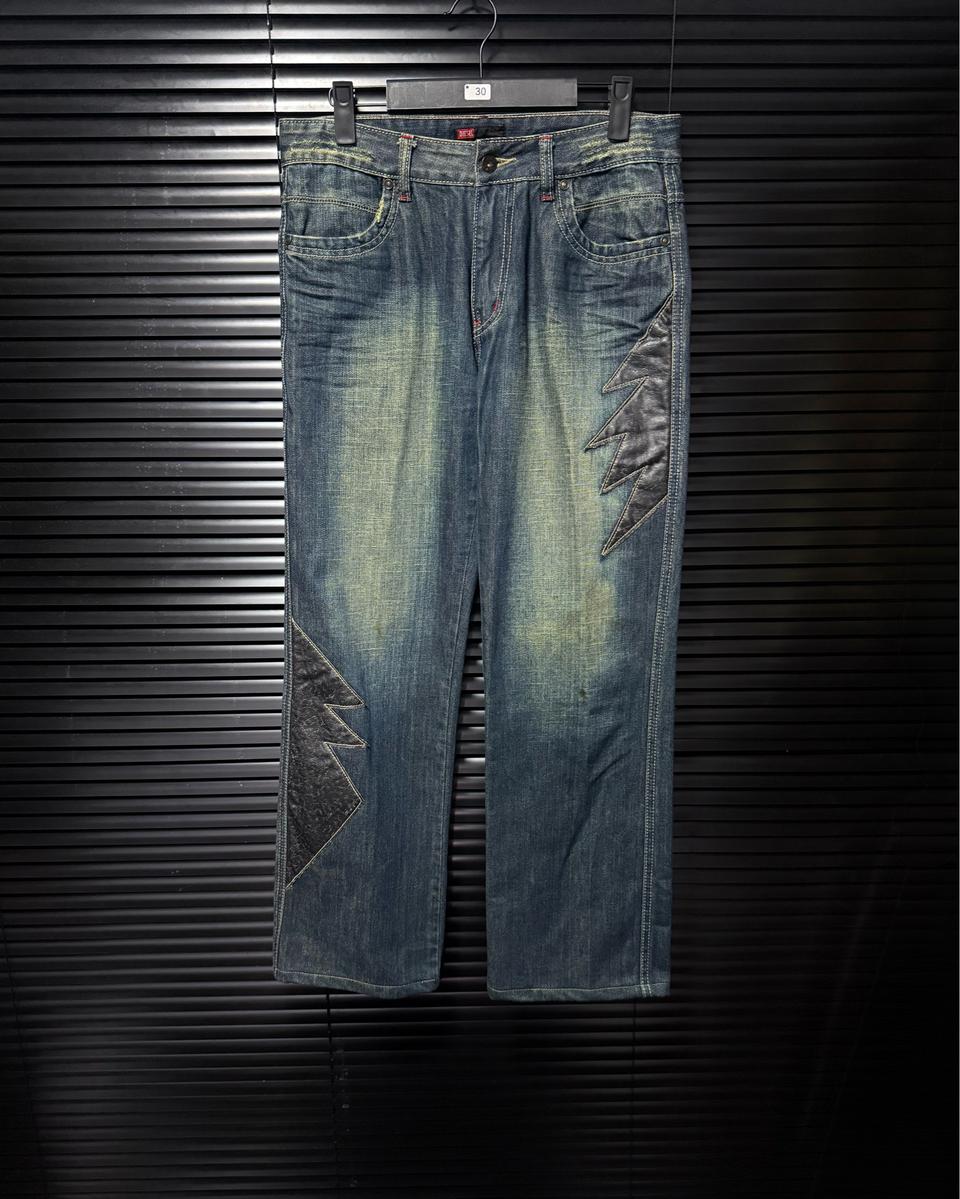 디젤 녹 워싱 데님 팬츠 바지 30 고스 펑크 락 로리 일자핏 가죽 덧댐