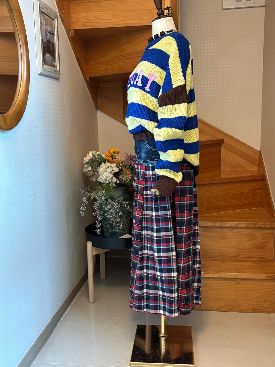 패턴 체크 롱 스커트 데님 허리  앤 zisbuy니트 자수