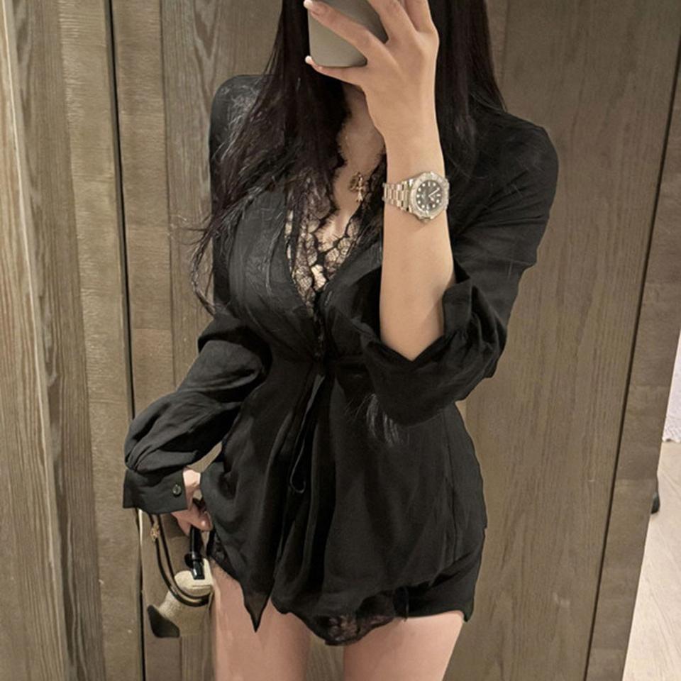 섹시 로맨티 플라워 레이스 쉬폰 블라우스