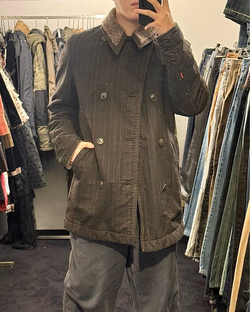 리바이스 헤링본 스트라이프 데님 쉐르파 트러커 더블 피코트 부클 양털 M