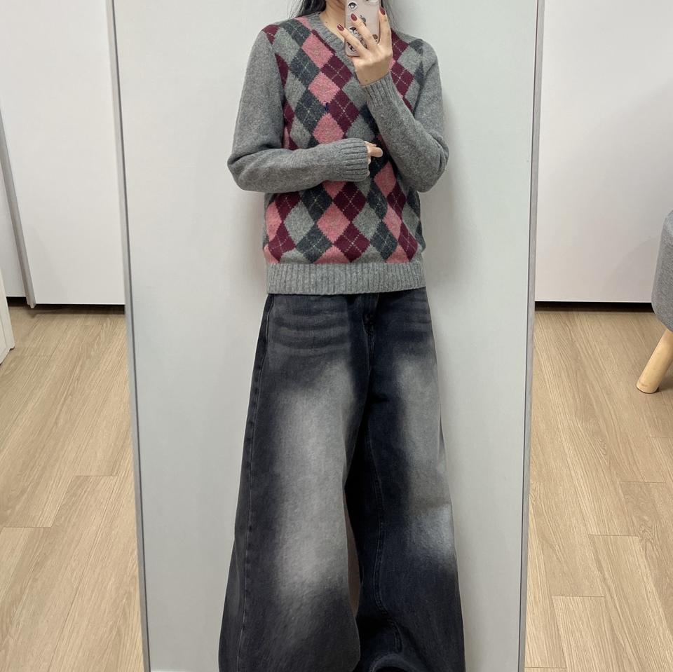 폴로 랄프로렌 아가일 패턴 브이넥 울 니트