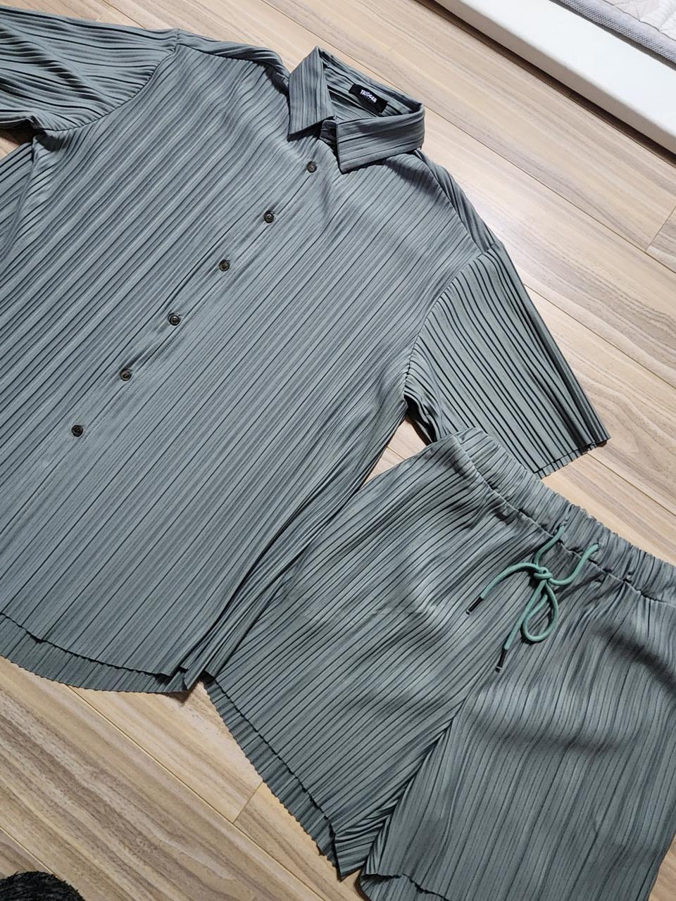 남성플리츠카라셔츠반바지셋업세트카키