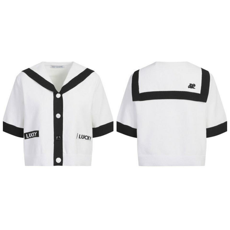 급처상태좋음!럭키슈에뜨 세일러카라 니트 반팔 가디건 프리사이즈