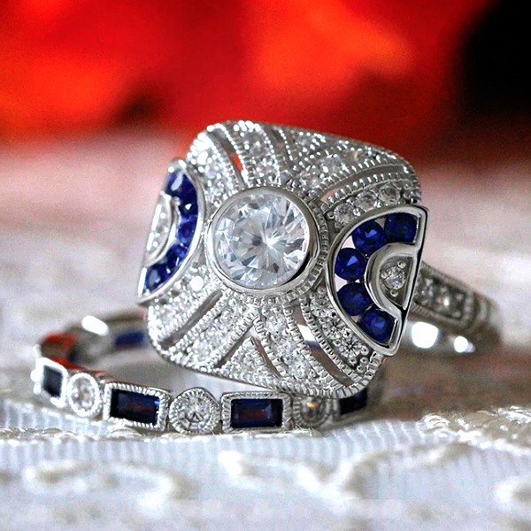 6-10/7-19. 블루+화이트 지르콘 스퀘어 2-in-1 반지