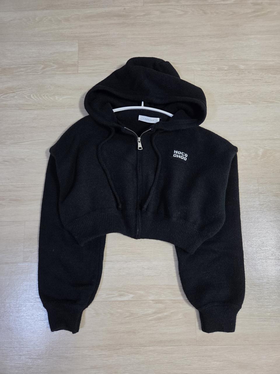 하나언니 여성 후드 크롭 니트 집업 블랙