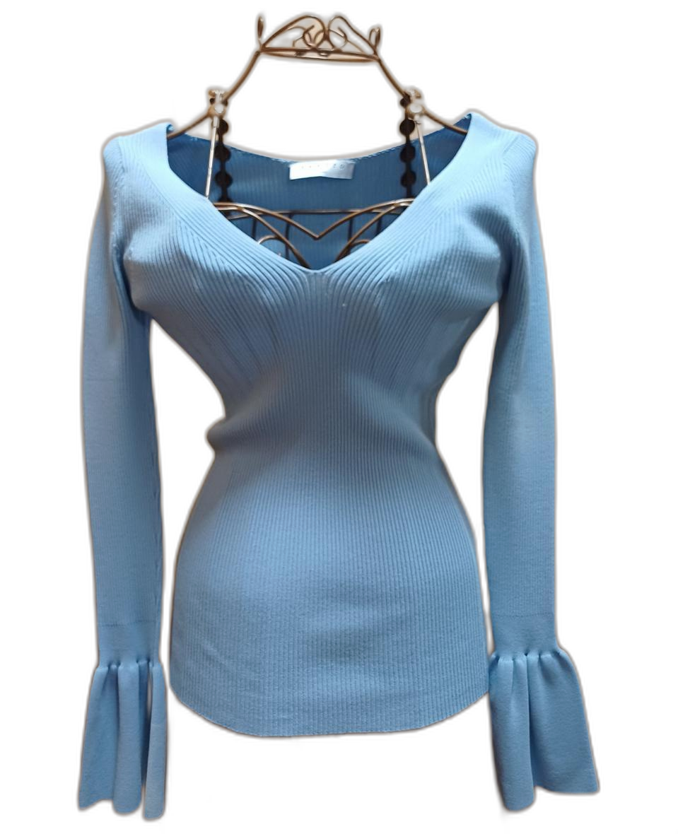 산드로(Sandro) 블루 골지 플레어 슬리브 니트