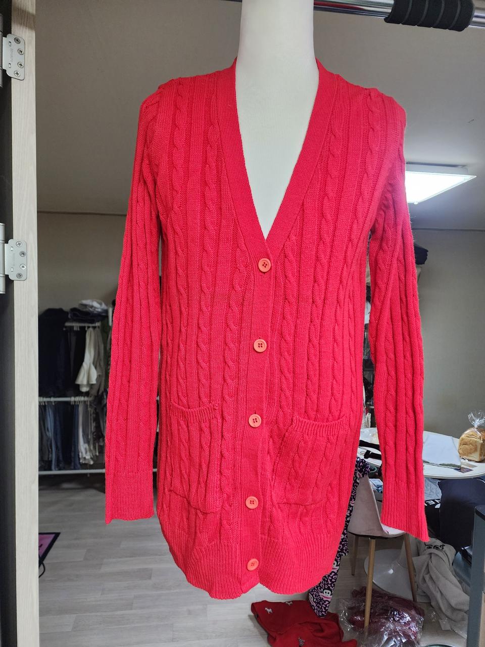 꽈배기 니트 가디건 레드