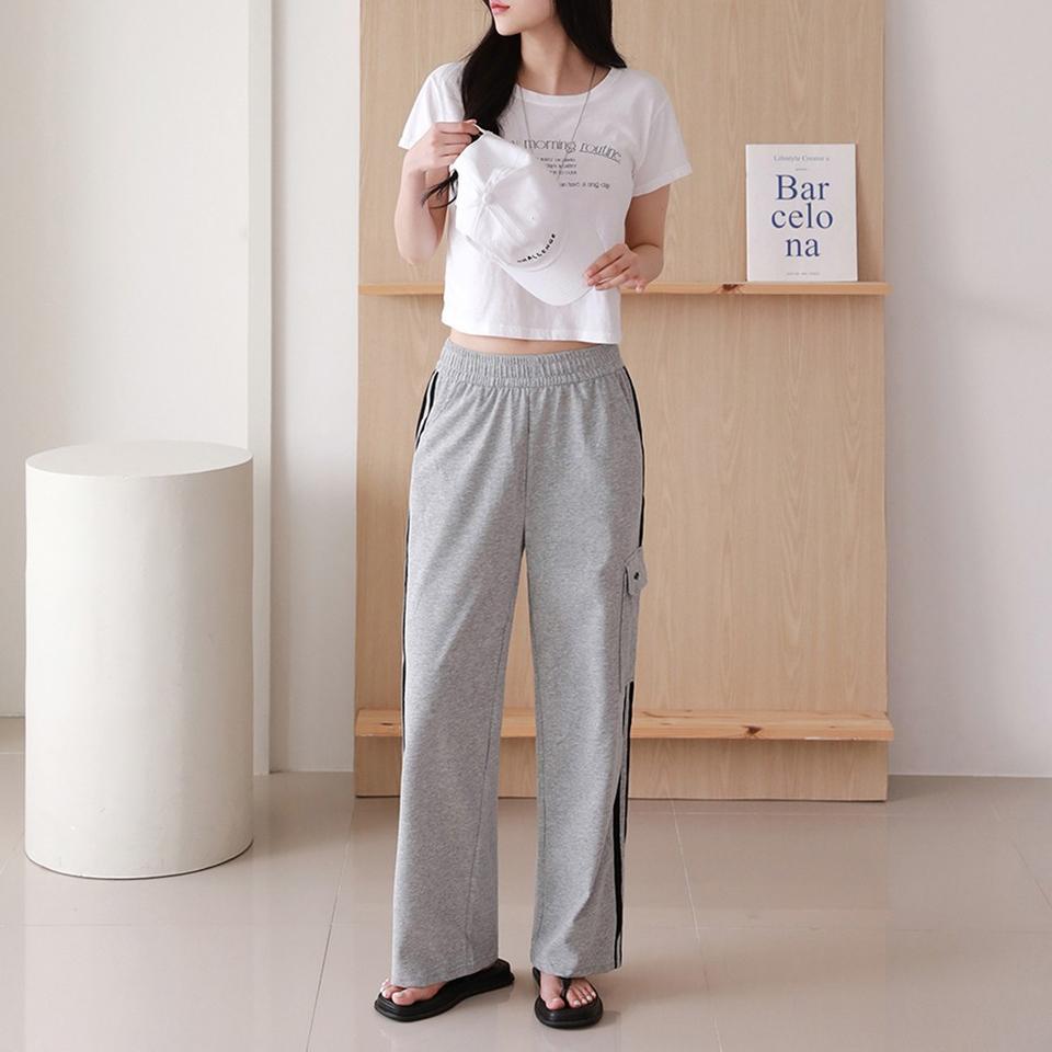 밴딩 고무줄 옆두줄 카고 트레이닝 와이드팬츠