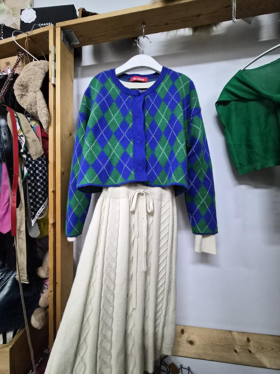 블루 그린 아가일 크롭 가디건