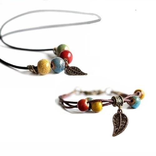 62. 목걸이&팔찌 세트/세라믹 구슬&엔티크 장식/레자 체인